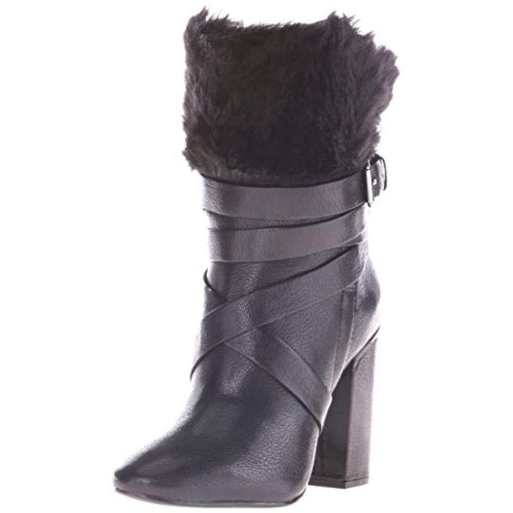Pour La Victoire Bionda Black Leather Mid Calf Boots with Faux Fur